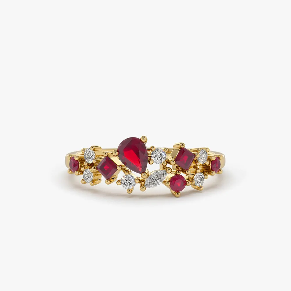 Ruby and Diamond Mixed Shape Cluster Ring