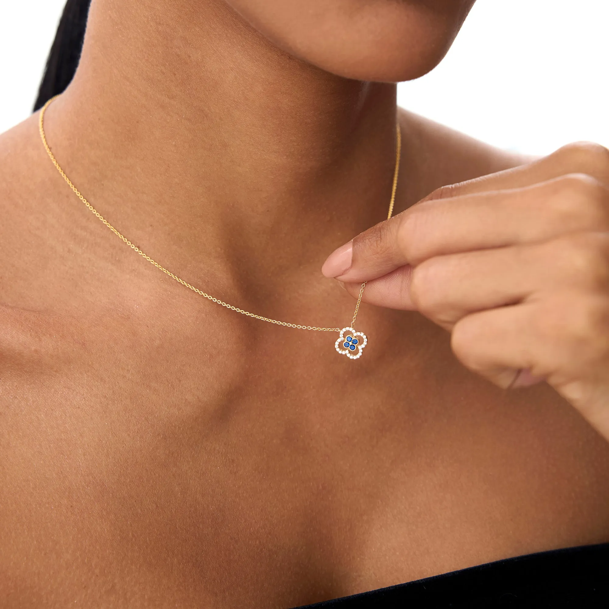 Sapphire Clover Necklace in Halo Setting - Image 5