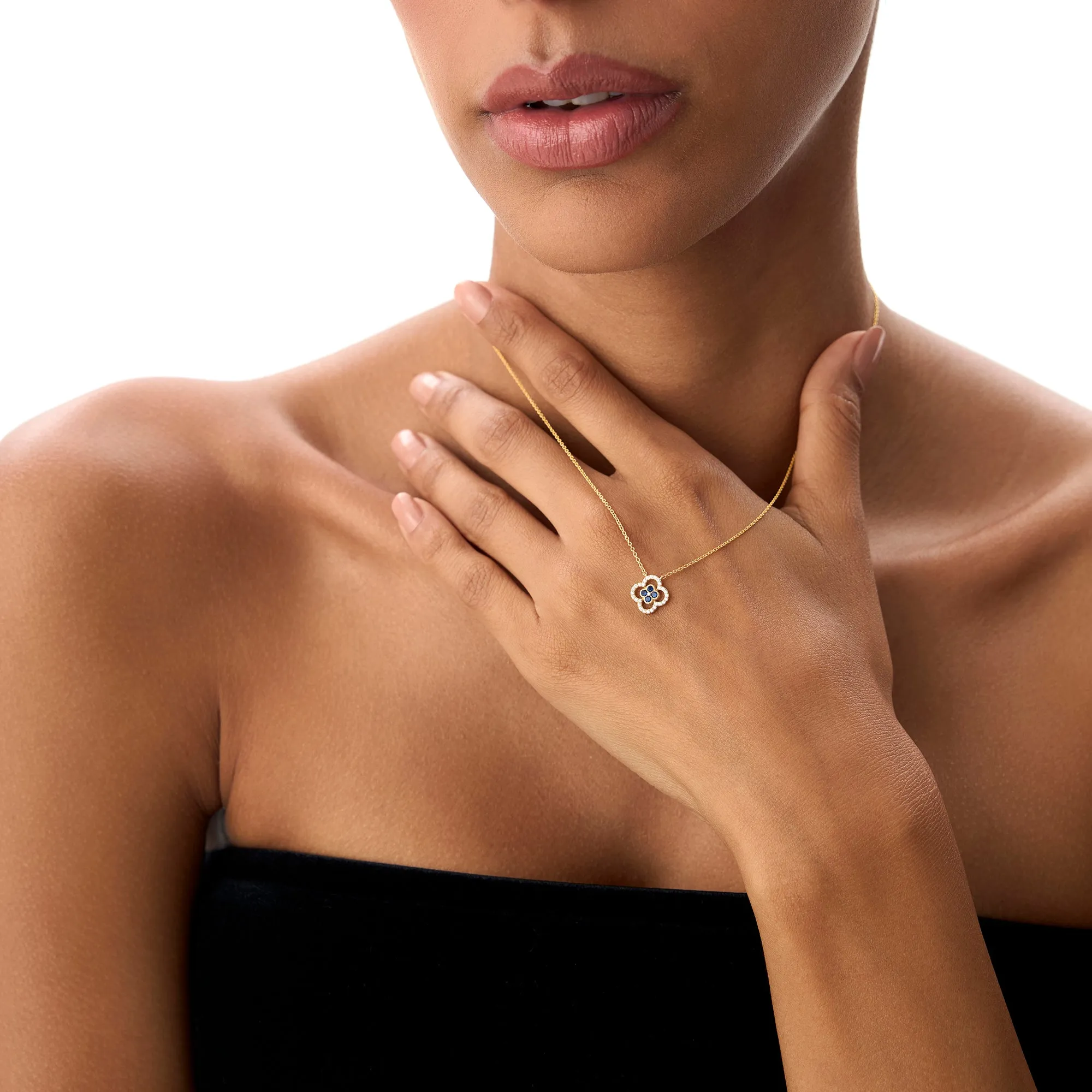 Sapphire Clover Necklace in Halo Setting - Image 2
