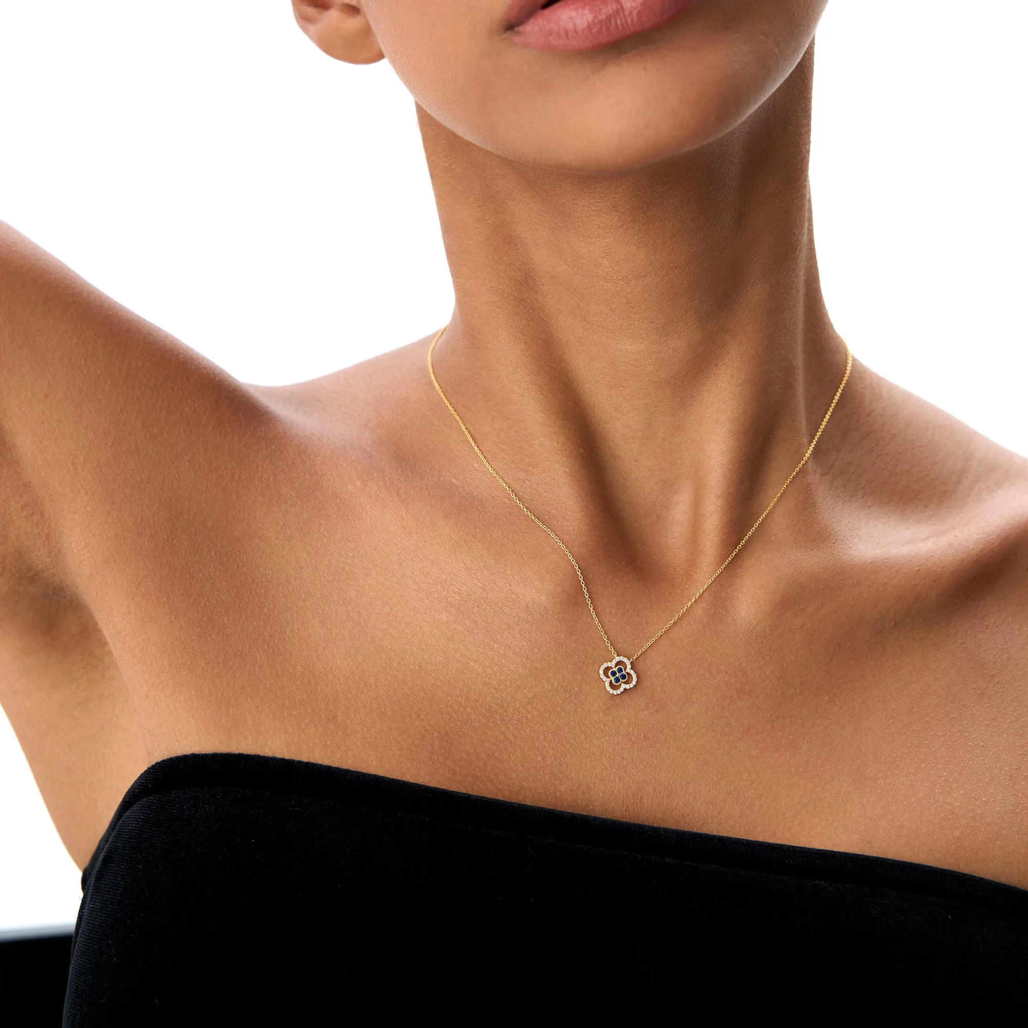Sapphire Clover Necklace in Halo Setting - Image 3