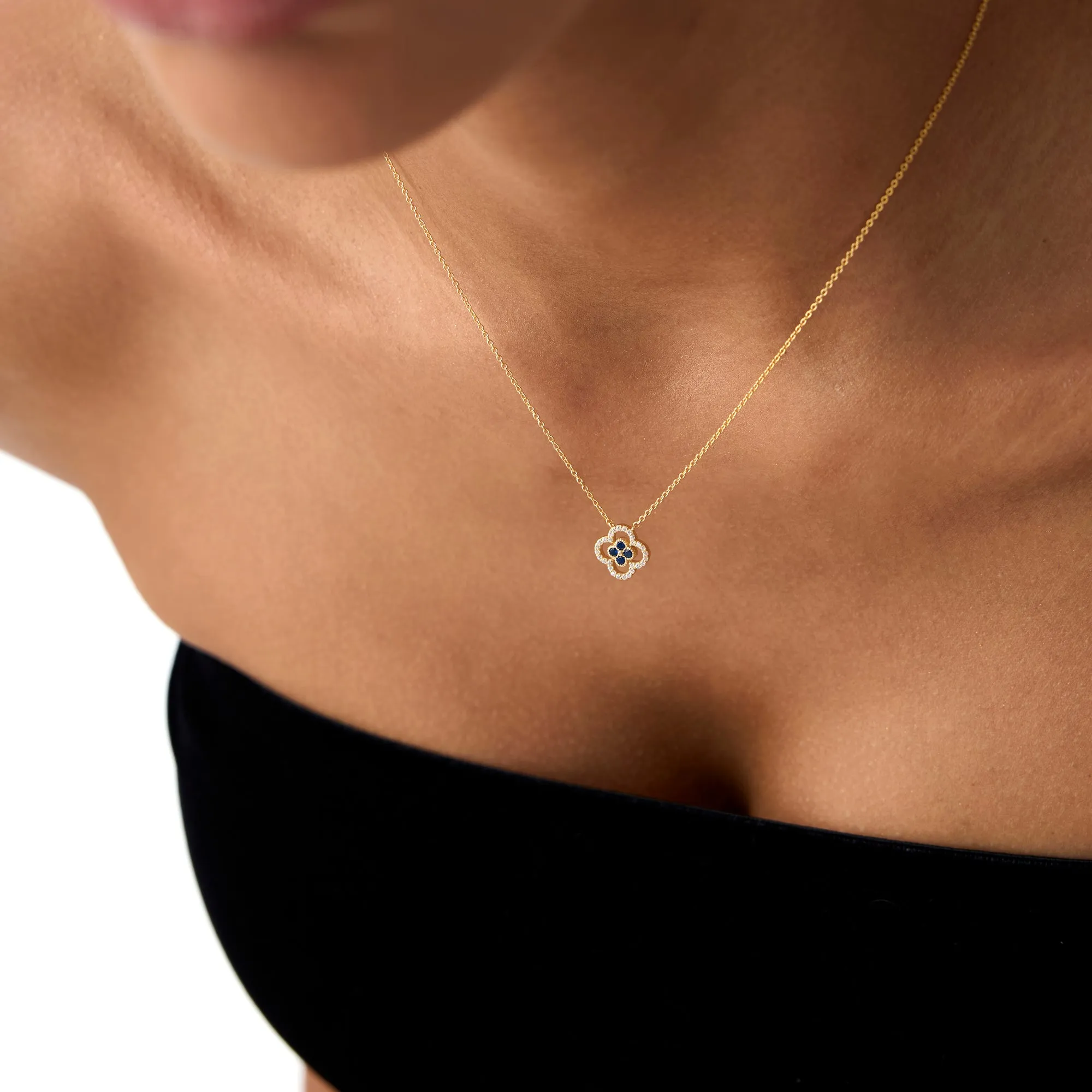Sapphire Clover Necklace in Halo Setting - Image 4