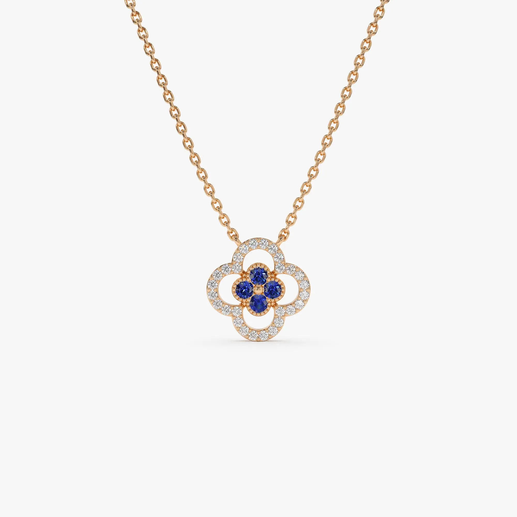 Sapphire Clover Necklace in Halo Setting - Image 7
