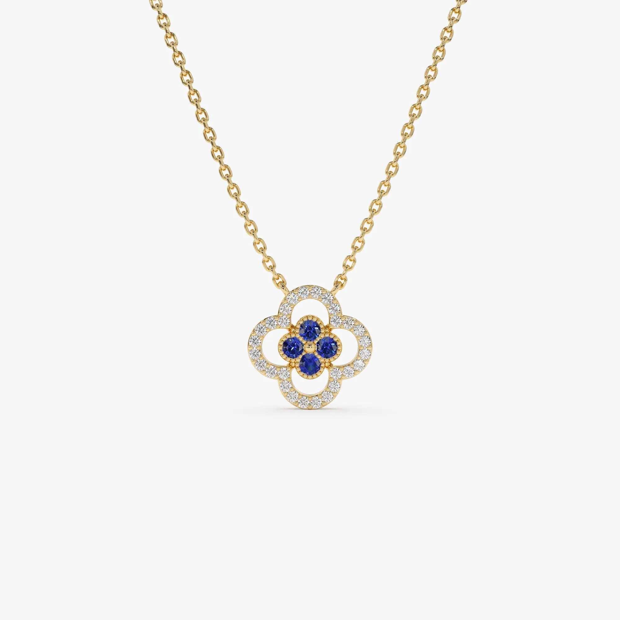 Sapphire Clover Necklace in Halo Setting