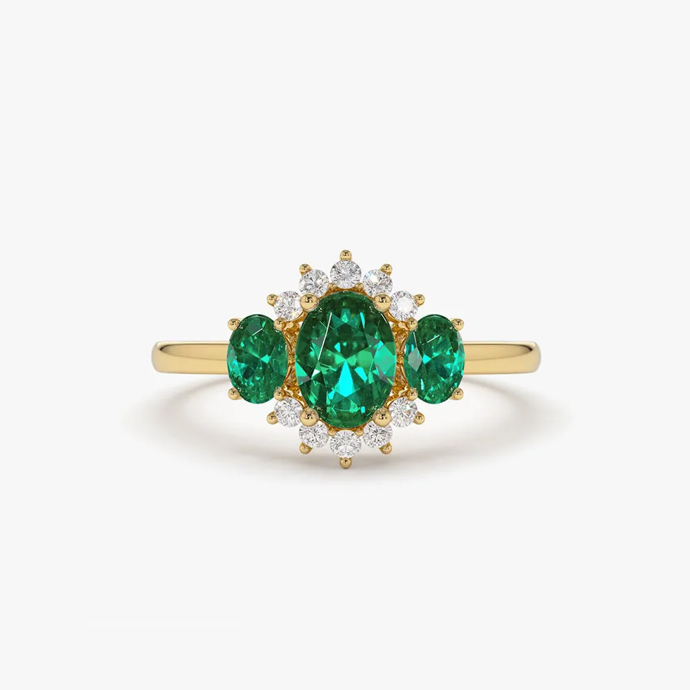 Three Stone Emerald Cluster Ring