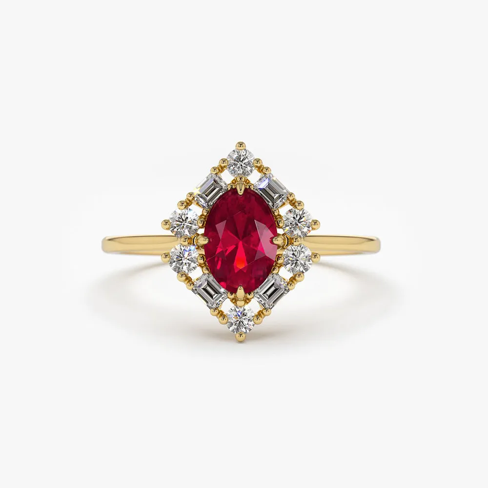Unique Natural Ruby and Baguette Ring