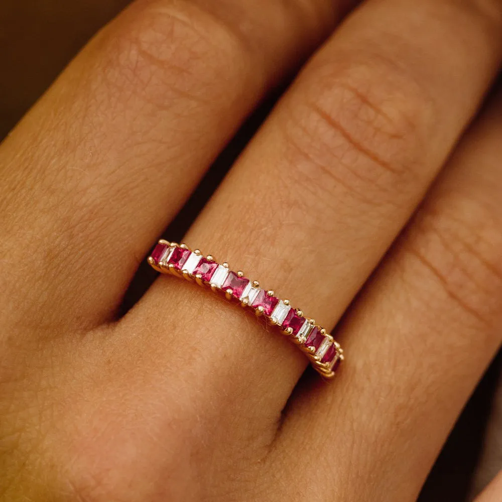 Unique Princess Cut Ruby and Baguette Diamond Ring - Image 9