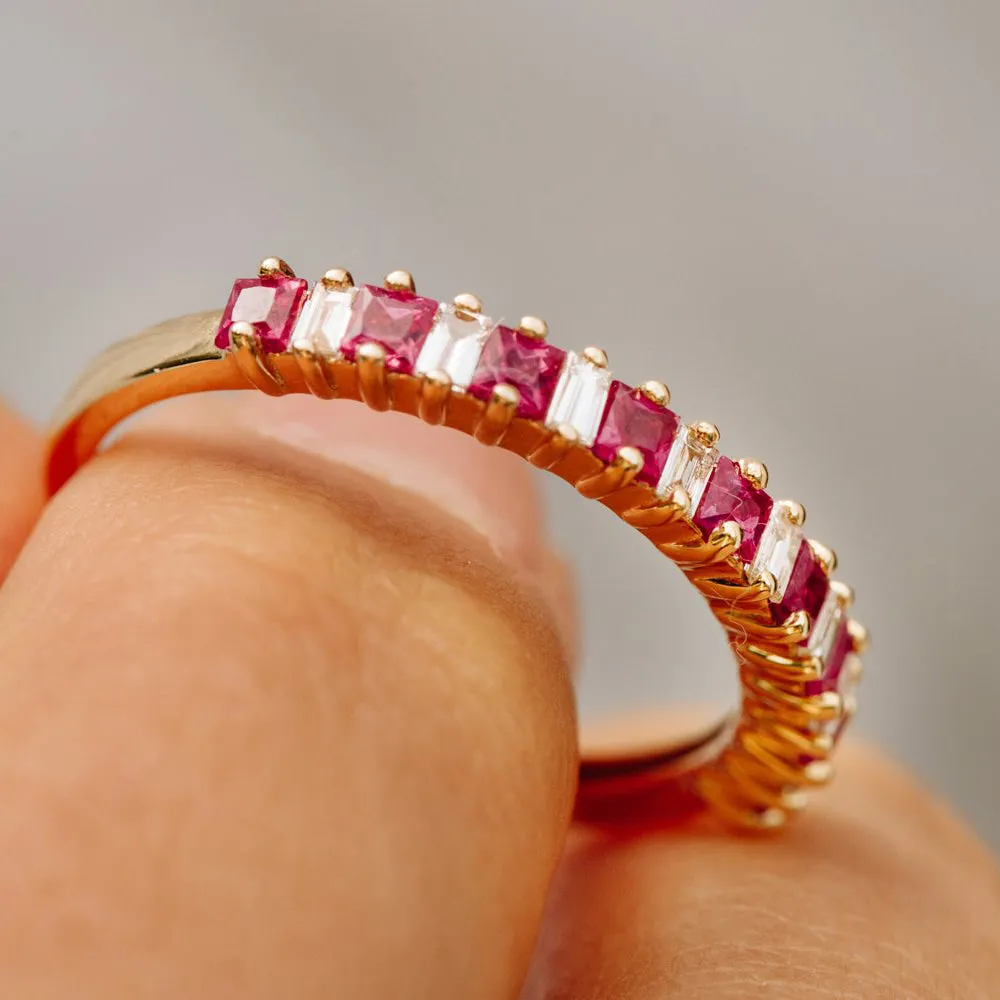 Unique Princess Cut Ruby and Baguette Diamond Ring - Image 8