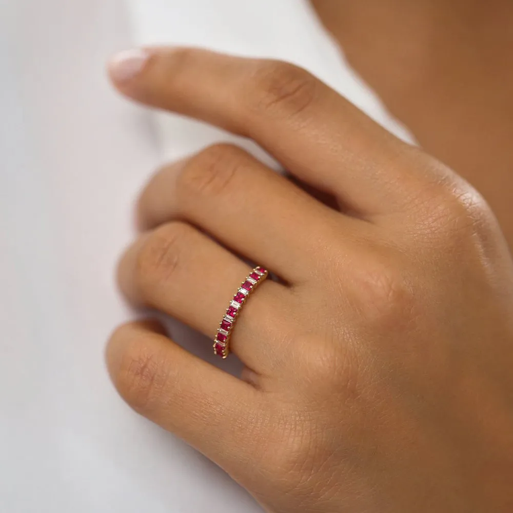 Unique Princess Cut Ruby and Baguette Diamond Ring - Image 6